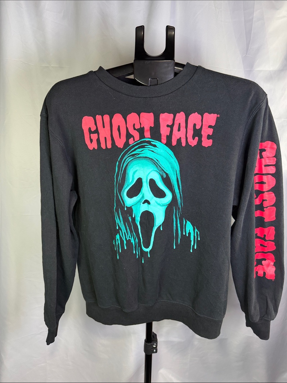 Ghost Face Graphic Crewneck Sweatshirt - Black with Teal & Pink